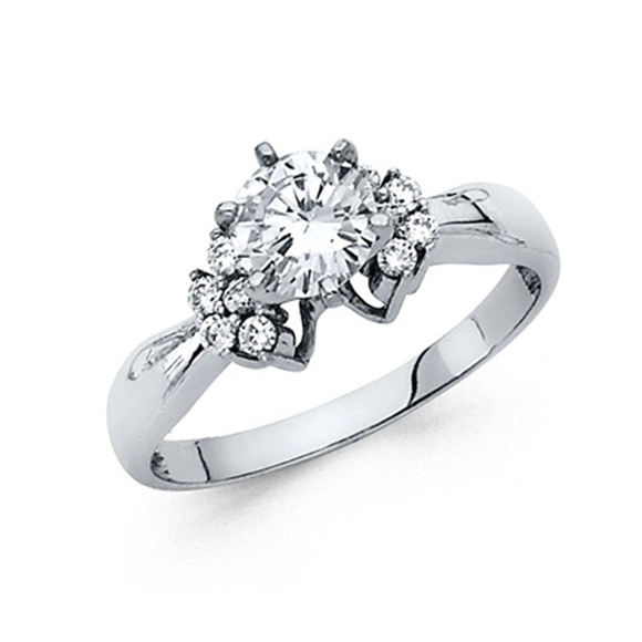 14k 1-CT Round 6-Prong & Side Stones CZ Ring